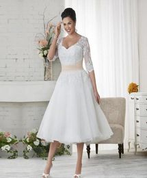 2020 Wedding Gowns 12 sleeve Plus Size lace Wedding Dresses Cheap Beach Chiffon Tea Length Plus Size White Ivory Formal Women Wea1950757