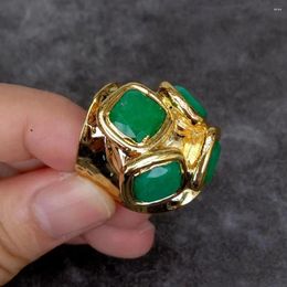 Cluster Rings YYGEM 13mm Green Jade Gold Plated Jewellery Adjustable Female