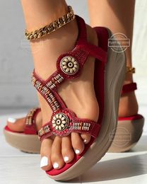 Dress Shoes Sandals Women's Floral Pattern Beaded Wedge Summer Bohemia Rhinestone Woman Flip Flops Vintage Women