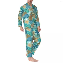 Men's Sleepwear Ditsy Floral Spring Blue And Brown Loose Oversized Pyjamas Set Mens Long Sleeves Warm Bedroom Custom Home Suit