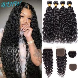 Wigs 12A Peruvian Water Wave Hair Bundles With Closure 100% Human Hair Weave Water Curly Remy Hair Bundles With 4X4 Lace Closure