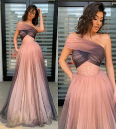 Gradient Evening Gowns One Shoulder Tulle A Line Cheap Prom Dress Sweep Train Arabic Long Formal Dress7715603