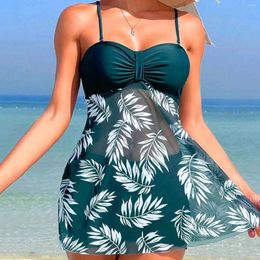 Women's Swimwear 2024 Women Bikinis Set Leaf Printed Strap Two Piece Sexy Patchwork Mesh Gather Swimwears Dress Tankinis Swimsuit