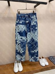 Novo estilo europeu e americano LL pesado jeans elegante 24ss fuzzy checkerboard color block jeans versátil jeans masculino jeans azul frete grátis