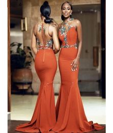 Burnt Orange Mermaid Bridesmaid Dresses ASO EBI African Sexy Sheer Back Appliques Beads With Button Covered Back Trumpet Long Maid1101349