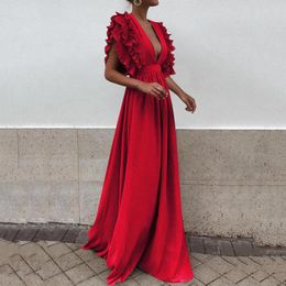 Casual Dresses Formal Party Dress Women Sexy Deep V-Neck Long Solid Colour Elegant Flying Sleeves Backless Maxi Evening Robe