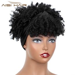 Wigs AISI HAIR Synthetic Kinky Curly Chignon with Bangs Short Drawstring Ponytail for Women Afro Bun Hair Clip on Front Hairpieces