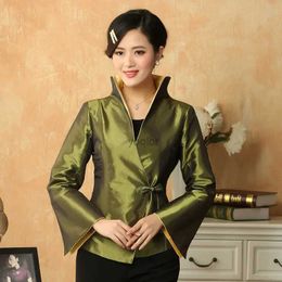 Women's Jackets Chinese Vintage Style Women Satin Coat Single Knot Button Diagonal Placket Design Jackets Green Red Black Trumpet Sleeves AttireL2403