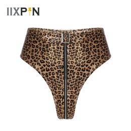 Womens PU Leather Leopard Sexy Clubwear High Cut Front Zip Up Booty Shorts Pants for Night Club Party Rave Sexy Knickers 240320