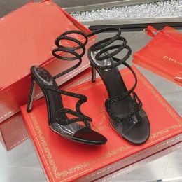Rene Caovilla Высокие каблуки со змеиными кристаллами Бельгийские сандалии Rosle, инкрустированные кристаллами ПВХ, золотистые блестящие вечерние туфли со змеиным ремешком. Роскошные дизайнерские туфли для вечеринок 9,5 см.