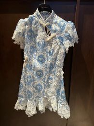 New Chinese style blue and white porcelain cheongsam, women's improved retro printed short skirt