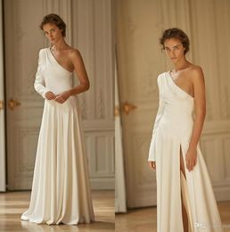 Liz Martinez 2020 Split Wedding Dresses Simple One Shoulder Long Sleeve Beach Boho A Line Satin Bridal Gowns Vestido De Novia9848326