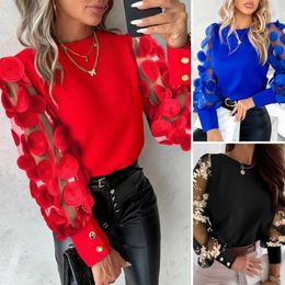 Women's Blouses Hollow Patchwork Sleeve Top Elegant Mesh Long Blouse With Floral Detail For Women Office Wear Fashion Round Neck Fall