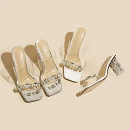 Slippers Luxury Rhinestone High Heels Women Double Band Transparent Sandals Perspex Clear Heeled Party Shoes For Woman Flipflops