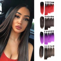 Pack Pack 6PCS Synthetic Hair Weave Bundles & Free Closure 14 16 18 Inches Yaki Straight Hair Weaving for Middle Part Lace Wigs