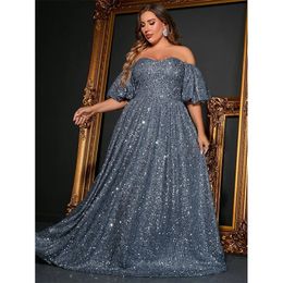 Plus Size Off-Shoulder Short-Sleeved Grey Silver Sequined Shiny Long Loose Evening Dress 4xl 5xl Big Size Birthday Luxury Dress 240320