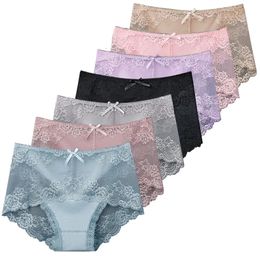 7Pcs Cotton Womens underwear lace transparent panties comfortable antibacterial plus size pants female sexy lingerie 240309