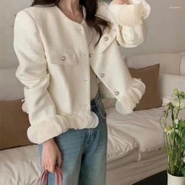 Women's Jackets Women Small Fragrant Sweet Short Coat 3D Solid Flower Long Sleeve White Black O Neck Shiny Korea Chic French Lady Tweed