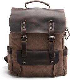 Men's Daypack Canvas Backpack with Leather Vintage Backpack Laptop Backpack for 15 Inch Laptop