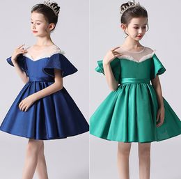 Pretty Green Blue Satin Jewel Beads Short Flower Girl Dresses Girl's Pageant Dresses Girls Birthday/Party Skirt Girl Everyday dress Custom SZ 2-12 D321079