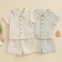 Clothing Sets Lioraitiin Toddler Boy Summer 2Pcs Outfit Stripe Print Short Sleeve Button Down Shirt With Elastic Waist Shorts