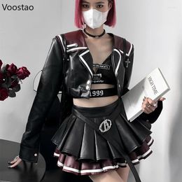 Work Dresses Sexy Gothic Pu Leather Skirt Sets Women Casual Y2k Moto Biker Short Jackets Mini Pleated Suit Female Korean 2 Piece Set