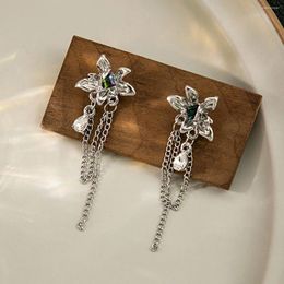 Stud Earrings 925 Silver Needle Retro Wrinkled Flower Green Stamen Tassel Exquisite Sweet Cool