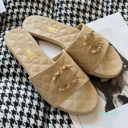 Classic Embroidery Double Letter Designer Flat Bottom Slippers Fashion Diamond Pattern Lattice Sandals Mule Leather Casual Shoes