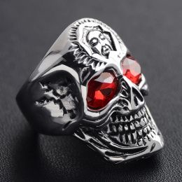 Gothic Red Eyes Jesus Skull 14K White Gold Ring Mens Christian Punk Hip Hop Rock Trend Jewelry Halloween Gift