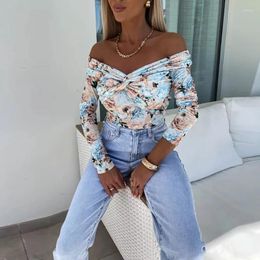 Women's Blouses Sexy Twisted Knot V-neck Pullover Blouse 2024 Women Casual Long Sleeves Shirts Blusa Elegant Flower Print Slim Tops