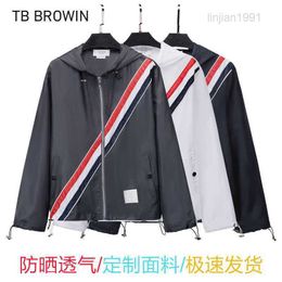 Mens Hoodies Sweatshirts TB BROWIN NEW TB SUMMER RED WHITE BLUE STRIPE SUN SHIRT MENS TWILL SKIN JACKET COAT