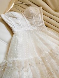 2024 Summer Ivory Solid Color Tulle Beaded Dress Spaghetti Strap Sweetheart Neck Sequins Midi Casual Dresses J4M218292