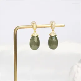 Dangle Earrings Natural Hetian Jade Green Oval Elegant And Ethnic Style Sterling Silver S925 Anti-Allergy Antique Chinese