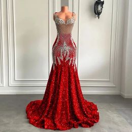 Red Long Prom Dresses Sparkly Sier Diamond Crystals Mermaid Style Fitted Black Girl Sheer Mesh Evening Gala Gowns Robe De Soiree Vestidos