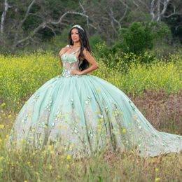 Sage Green Shiny Off Shoulder Quinceanera Dress Prom Dress Floral Applique Princess Dress Lace Beads weet 15 Year Old Party Dress