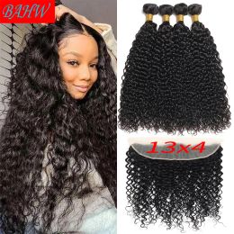 Wigs 12A Malaysian Water Wave Bundles with Frontal Wet And Wavy Curly Human Hair Weave 3/4 Bundles With HD Transparent Lace Frontal