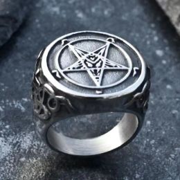 Devil Satan Pentacle 14K White Gold Ring Baphomet Goat Goth Punk Sulfur Leviathan Cross Mens Judaism Amulet Jewelry