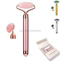 Face Massager 2-in-1 Electric Vibration Natural Rose Quartz Jade Roller Facial Lift Crystal Jade Facial Roller Beauty Massage Tool 240321