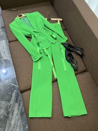 2024 Spring Green Two Piece Pants Sets Long Sleeve Notched-Lapel Ribbon Tie Bow Blazers Top + Wide Leg Trousers Pants Set Two Piece Suits O4M212788