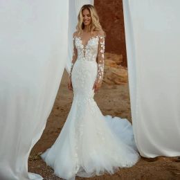 Sexy Backless Mermaid Wedding Dresses Flower Lace Appliques Long Sleeves Bridal Gowns Illusion Sheer Neck Ivory Tulle Beach Bride Dress 2024