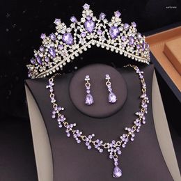 Necklace Earrings Set Luxury Princess Purple Crown With Sets Women Bridal Jewellery Wedding Accessories