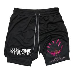 Anime Graphic 2 in 1 Compression Shorts for Men Gym Workout Running Shorts with Phone Pockets Athletic Quick Dry Activewear 240321