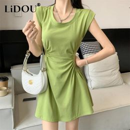 Casual Dresses Summer Round Neck Solid Colour Folds Waist Mini Dress Ladies Short Sleeve Sexy Fashion Robe Femme Elegant Vestido Women