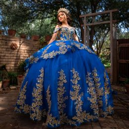 Royal Blue Shiny Off The Shoulder Ball Gown Quinceanera Dress Gold Appliques Lace Beading Corset Vestidos 15 De XV Anos