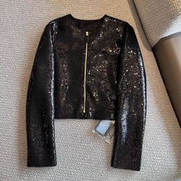 Vinatge 2024 Black O Neck Sequins Long Sleeves Zipper Women's Coat Designer High End women's Jacket 3211