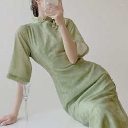 Ethnic Clothing Green Qipao Lady Vintage Big Sleeve Cheongsam Improved Chinese Style Dresses Women Summer Spring Jacquard Vestidos