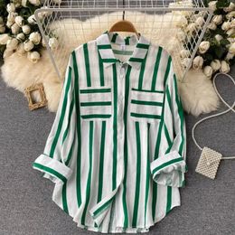 Women's Blouses Women Striped Shirt Print Lapel With Patch Pocket Buttons For Soft Loose Long Sleeve Top Fall Fashion