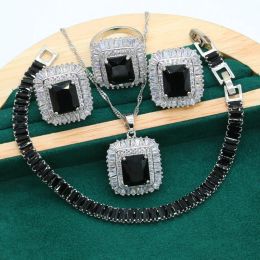 Strands Classic Silver Color Bride Jewelry Set for Women Wedding Black Zircon Bracelet Earrings Necklace Pendant Ring Gift