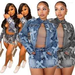 Two Piece Dress Denim Embroidered Set Women Outfits Y2K Streetwear Autumn Winter Long Sleeve Zipper Short Jacket Mini Skirt