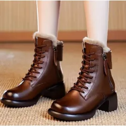 Boots Hot Sale Women Martin Boots 2023 New Winter Popular Side Zipper PU Snow Boots Thicken Heel Vintage Waterproof Ladies Boots